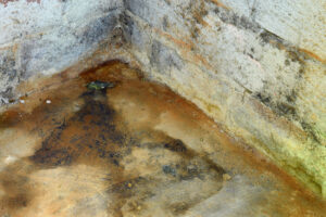 Picture of water and mold in the corner of a basement.